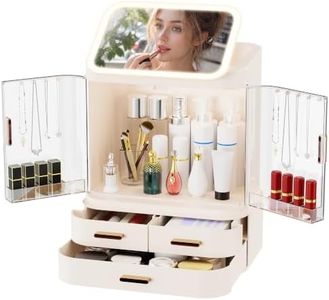 Mwykzrt Makeup Organizer with LED Mirror, Cosmetic Display Cases, Off White