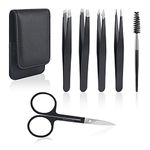 URAQT Eyebrow Tweezers Set, 6 Pieces Professional Stainless Steel Precision Tweezer Eyebrow Scissors Eyebrow Brush Kit with Leather Storage Case, for Eyebrows Plucking, Facial Hair Remover