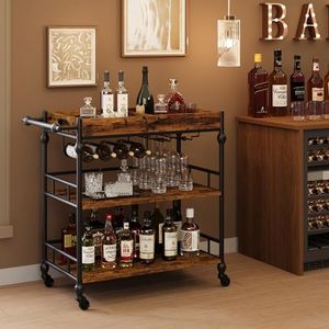 GAOMON Bar Cart, 3 Tier Bar Cart with Wheels, Rolling Cart with Wine Rack and Glasses Holder, Industrial Serving Cart with Removable Tray for Kitchen, Living Room, Dining Room - Rustic Brown