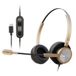 EMAIKER USB Type C Headphones with Noise Canceling Microphone, Gold Stereo USB-C Headset Works for Dragon Dictation,Teams, Zoom Conference,Softphones,Google Meet, Webinar...