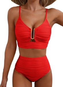 Herseas Women 2 Pieces Ruched Bikini Set Push Up U-Wired Cutout 2026 High Waisted Bathing Suit Spaghetti Straps Crisscross Back Swim Suit Ladies Vintage Holiday Outfits Red Small