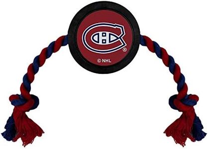 Pets First Dog Rubber Toy Tough Rubber with Heavy-Duty Dog Rope Tug Toy. NHL Montreal Canadiens Puck Toy for Dogs & Cats. Play Hockey with Your Pet with This Licensed Dog Puck Rubber Cool Toy!