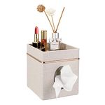 BTSKY Linen Square Tissue Holder Box With Top Storage Tray - Household Office Tabletop Cube Tissue Box Cover with Top Trinket Holder, Beige