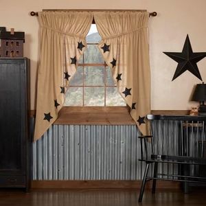 VHC Brands Burlap Natural with Black Stars Primitive 63"x36"x18" Prairie Panel Pair Tan Rod Pocket Stenciled Cotton Drawstring Ties Window Curtains