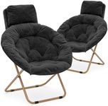 MoNiBloom Round Folding Faux Fur Saucer Chair for Bedroom Living Room Dorm Foldable Metal Frame Oversized Large Comfy Soft Lounge Lazy Cozy Moon Chair with Headrest for Adults (Set of 2, Black)