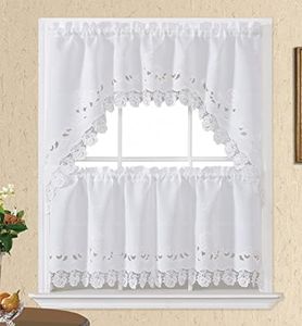 GOHD Golden Ocean Home Decor Lace Rosarium Kitchen Curtains, 3PCS Kitchen Curtains and Valances Set, Elegant White Fabric with Rose Embroidery and Lace. (White, Swag and 22 inches Tiers Set)