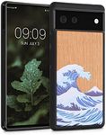 kwmobile Wood Case Compatible with Google Pixel 6 Case - Cover - The Great Wave Blue/White/Brown