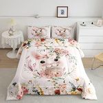 Erosebridal Kids Rabbit Bedding Set Queen Size,Pink Floral Comforter Set Girls Women Cute Bunny Quilt Duvet,Colorful Flowers Down Comforter Lovely Farm Animal Girly Bedroom Decor 3Pcs,Microfiber Cozy