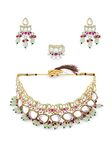 ZAVERI PEARLS Green & Pink Meenakari Lotus Kundan Necklace Earring & Ring Set For Women-ZPFK15197