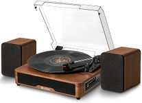 Vangoa Vinyl Record Player Turntable with 2 Speakers, Wireless Record Player 3 Speed 3 Size Bluetooth Turntables for Vinyl Records Supports AUX-in, RCA Line, USB, Brown