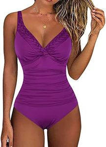 Hilor Swimsuit for Curvy Women Tummy Control One Piece Swimsuits Modest V Neck Swimwear Wine Berry 12