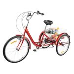 MEHOOSPVN Adult Tricycle 24 Inch, 6 Speed 3-Wheel Bike Adult Trike Bike Tricycle for Adults with Light and Basket Height Adjustable Cruise Trike Elderly Bicycle for Shopping Picnic Beach, Red