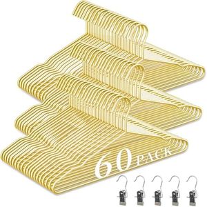 60Pack Gold Hangers + 10 Clothes Pins, Premium Glossy Gold Strong Metal Hangers, Upgraded Thickened Reinforced 50lbs Weight Capacity, Suitable for Heavy Coats, Jackets, Shirts, Dresses