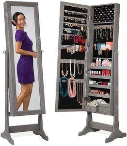 Best Choice Products Freestanding Jewelry Armoire Cabinet, Full Length Standing Mirror, Lockable Makeup Storage Organizer, w/Velvet Lining, 3 Angles, Lock, Accessory Pouch, 5 Shelves - Gray Oak