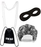 Dreamzfit - Adult Burglar Gangster Old Lady Robber Grandma Fancy Dress Costume Accessory ~ Granny Grey Afro Wig, Eye Mask, Necklace & SWAG Bag - Grandmother Party Set,Black/Grey,Adult One Size