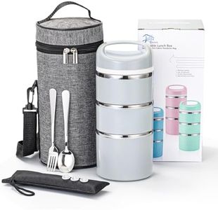 Lille Home Stackable Stainless Steel Thermal Compartment Lunch/Snack Box, 3-Tier Insulated Bento/Food Container with Lunch Bag, Utensils Set and Three Extra Seals, 43OZ (Gray)