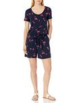 Amazon Essentials Women's Standard Short-Sleeve Scoop-Neck Romper, Navy Red Tossed Tulip, Large