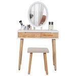 PULUOMIS White Dressing Table with LED Mirror Adjustanble Brightness Makeup Desk with Cushioned Stool Modern Dresser Vanity Table with Transparent Makeup Organizer(Oval Mirror)