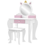 ZONEKIZ Kids Dressing Table Kids Vanity Table Girls Dressing Table with Mirror and Stool, Drawer, Storage Boxes, Unicorn Design, for Toddles Ages 3-6 Years - White and Pink