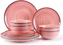 12Pcs Melamine Dinnerware Set, Plates and Bowls Sets for 4, Pink Color Dinnerware Sets, Melamine Plates Bowls Indoor and Outdoor Use Dish Set Dishwasher Safe BPA Free(Pink)