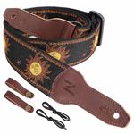 Nefelibata Banjo Strap, 2" Wide Double Full Grain Cowhide Guitar Strap Adjustable Replacement,Multi-pattern Guitar Strap With Headstock Rope and Leather Headband(Sun God Embroidery)