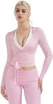 SUUKSESS Women Pilates Wrap Workout Cropped Top Ribbed Long Sleeve V Neck Tie Front Ballet Yoga Shrug Blouse(Pink,S)