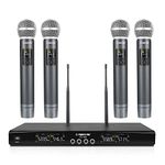 Phenyx Pro Wireless Microphone System, Metal Wireless Mic Set with 4 Cordless Mics, 4x25 UHF Adjustable Frequencies, 200ft Range, Dynamic Microphones for Singing, Karaoke, Church, DJ (PTU-5200)