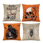 Halloween Pillow Covers 20x20 Set of 4 Skull Throw Pillows Cover Black Spider Decor Happy Halloween Cushion Covers Linen Square Pillow Cases for Home Outdoor Sofa Couch Pillowcase 20by20-Y02