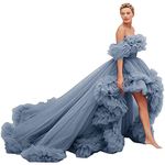 Blawhee Women's High Low Tulle Prom Dresses for Photoshoot Off Shoulder Long Train Ruffles Formal Evening Gala Dress Gowns, Dusty Blue, 12