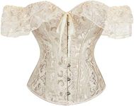 SHYMMUO Women Corset Top with Lace Sleeve Lace Up Sexy Bustier Lingerie Waist Trainer Costume Tops, Beige, XX-Large