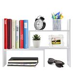 Widousy Adjustable Desktop Bookshelf Wood Book Organizer, Countertop Bookcase Office Supplies Wood Desk Organizer Literature Display Rack (White)