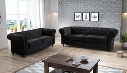 MK SOFAS Chesterfield 3 and 2 Seater Sofa Sets – A Luxurious & Modern Chesterfield Sofas for Living Room 3 Plus 2 Seater – Black Velour Fabric Chesterfield Style