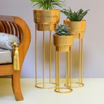 Hiftocraft™ Modern Metal Decorative Floor Standing White and Gold Indoor Outdoor Plant Stand with Pot for Home Decor Living Room Office Bedroom Balcony (Set of 3) (Gold)