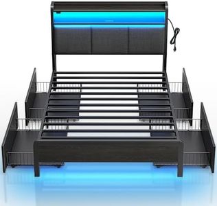 Rolanstar Bed Frame Twin Size with Charging Station and LED Lights, Upholstered Storage Headboard with Drawers, Heavy Duty Metal Slats, No Box Spring Needed, Noise Free, Easy Assembly, Dark Grey