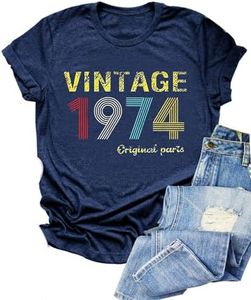 Vintage 1974 T Shirts for Women 50th Birthday Shirts Gifts Born in 1974 Shirt Retro Short Sleeve Tee Tops, Darkblue, Large