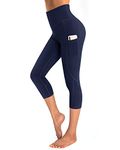 OUGES Womens High Waist Yoga Pants with Pockets Capri Workout Running Cropped Leggings(Navy,M)