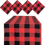 Table Runner and 4 Napkins - Red Tartan Pattern for Christmas - 110 Inch x 14 Inch Runner and 17 Inch x 17 Inch Napkins - in Gift Box (Red Tartan Plaid Design)