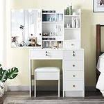 Puselo White Dressing Table Vanity Table with Mirror and Stool Makeup Vanity Table with Lights and Drawers,Cushioned Stool,Vanity Desk for Women Girls Bedroom (Modern 06)