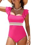 Aleumdr Women Ribbed One Piece Modest Swimsuit Ruffle Color Block Square Neck Swimwear Paded Push up Bathing Suit Hot Pink Large