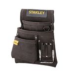 STANLEY Leather Tool Pouch, Double Pocket Storage Organiser, Hammer Loop, STST1-80114, Dark Brown