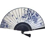 FANSOF.FANS Ink Art Handheld Folding Fan with a Handcrafted Box Fabric Pouch for Women Girls Black and White with Silver Touch Up Durable Folding Fabric Hand Fan (Blue Roses)