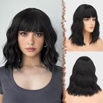 FESHFEN Wavy Black Wig with Fringe, 14 inch Bob Wigs with Bangs Shoulder Length Wig Synthetic Hair Wig for Women Girl Natural Looking Wavy Wigs for Daily