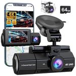 4K Dash Cam, 3 Channel Dash Cam 4K Front & 1080P Rear and Inside Car Camera Built in GPS WiFi with Free 64GB SD Card, 3” IPS Screen Car Camera with 24H Parking Monitor, Night Vision,170°Wide Angle,WDR