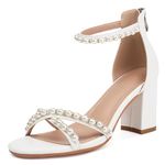 Latasa Women's Pearl Heels Strappy Chunky Block High Heels Ankle Strap Wedding Sandals, White, 6.5 UK