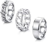 ORAZIO Mens Rings 3Pcs Silver Rings for Men Women Stainless Steel Plain Band Ring Cuban Link Chain Rings Spinner Ring Men's Promise Wedding Rings Set,Size 9