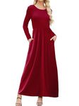 OURS Women's Casual Dresses with Pocket Long Sleeve Round Neck Spring Fashion 2023 Elegant Maxi Dress (Wine Red, XL)