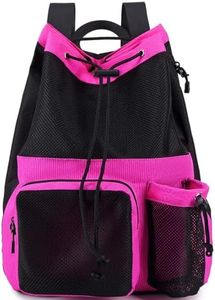 Lohol Large Mesh Drawstring Backpack with Shoe Bag, Durable Swimming String Sack with Handle for Sports Gym Yoga Beach Travel (Rose pink)