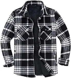 ZENTHACE Flannel Jackets for Men Sherpa Fleece Lined Plaid Button Down Flannel Shirt Jacket((All Sherpa Lined) Black White XL