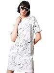 Bewakoof X Official Looney Tunes MerchandiWomen's All Over Printed 100% Cotton Dress - Oversized Fit, Round Neck, Half Sleeves_582002_White_2XL