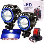 Ourbest 2x Motorcycle Headlights With Angel Eyes Lights U7 DRL Fog Driving Lamps for Cars Bike Boat ATV Front Spotlights High/Dim/Strobe 3 Modes Blue Color with Switch